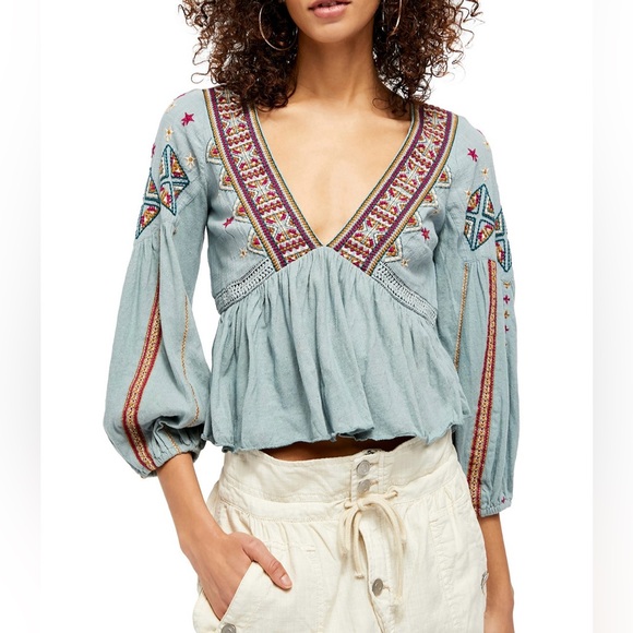 Free People NWT Medium Aria Embroidered Crochet Top in Lagoon Combo - Picture 2 of 10
